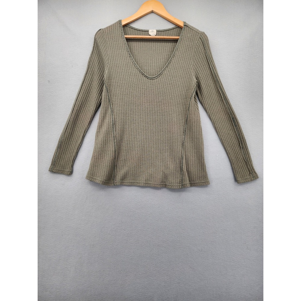 O'Neill Women Olive Green Waffle Knit Thermal V-Neck Long Sleeve Top Small Boho